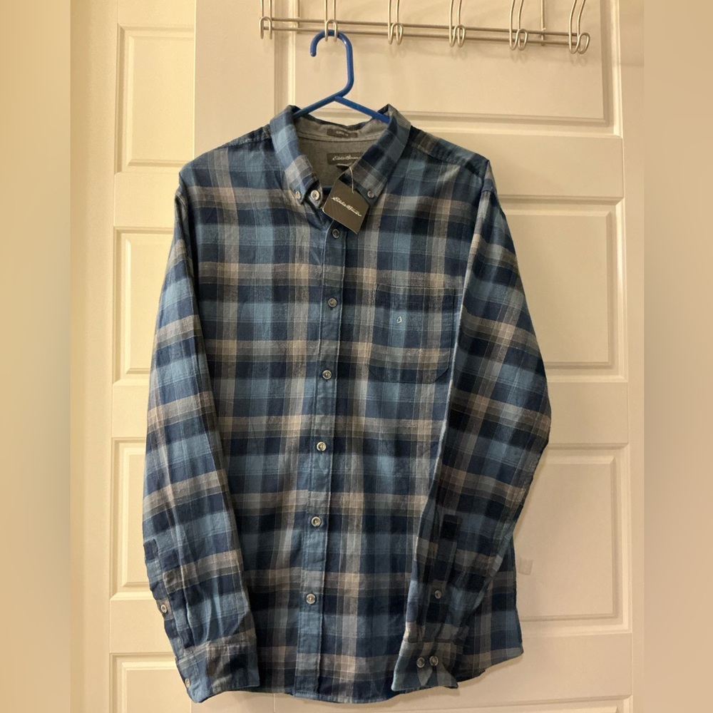 Eddie Bauer men’s Wild River, Dust Dingo Classic fit flannel plaid shirt
